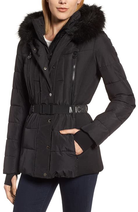 michael michael kors faux fur trim puffer coat|Michael Kors navy puffer coat.